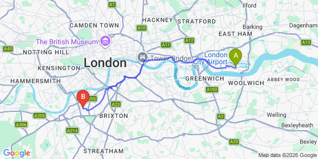 Map: London City Airport (LCY) to London SW11