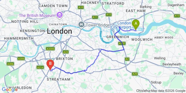 Map: London City Airport (LCY) to London SW12