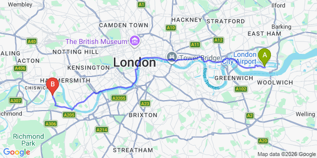 Map: London City Airport (LCY) to London SW13