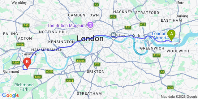 Map: London City Airport (LCY) to London SW14