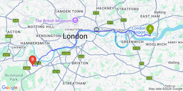 Map: London City Airport (LCY) to London SW15