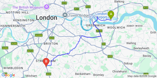 Map: London City Airport (LCY) to London SW16