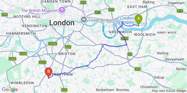 Map: London City Airport (LCY) to London SW17