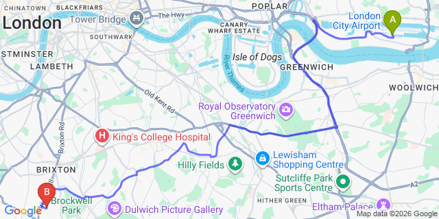 Map: London City Airport (LCY) to London SW2
