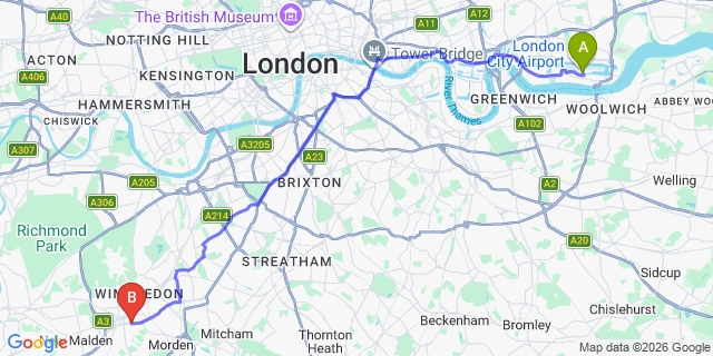 Map: London City Airport (LCY) to London SW20