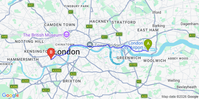 Map: London City Airport (LCY) to London SW3