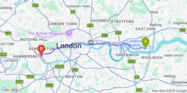 Map: London City Airport (LCY) to London SW5
