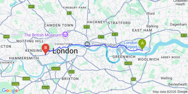 Map: London City Airport (LCY) to London SW7