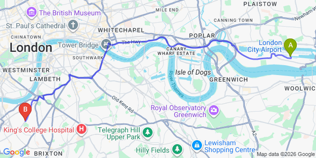 Map: London City Airport (LCY) to London SW8