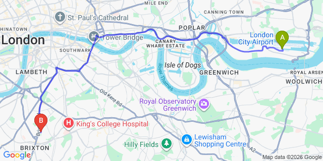Map: London City Airport (LCY) to London SW9