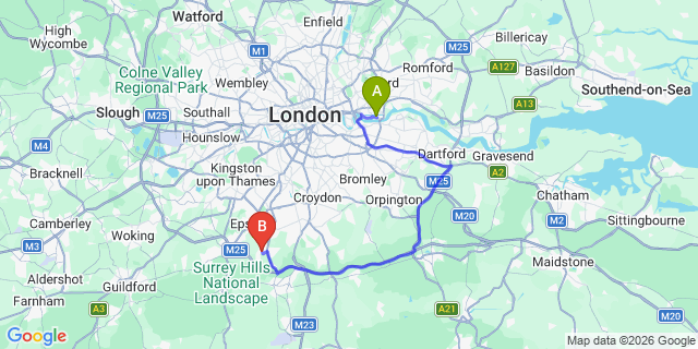 Map: London City Airport (LCY) to London - Tadworth