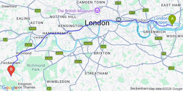 Map: London City Airport (LCY) to London - Teddington