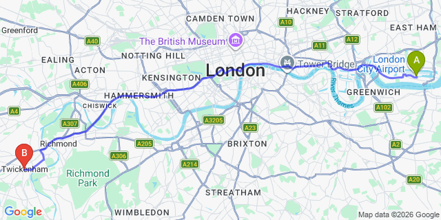 Map: London City Airport (LCY) to London - Twickenham