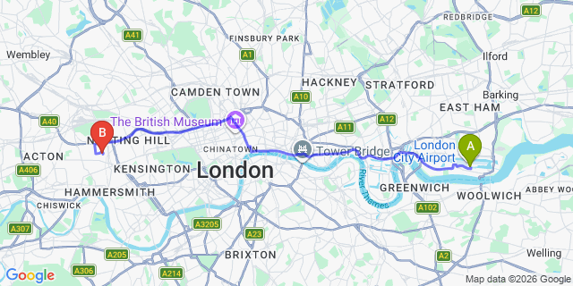 Map: London City Airport (LCY) to London W12