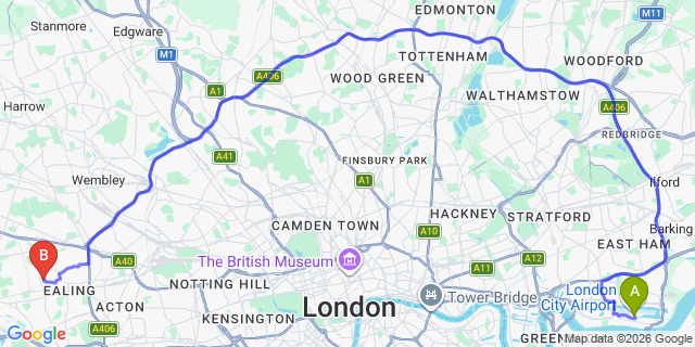 Map: London City Airport (LCY) to London W13