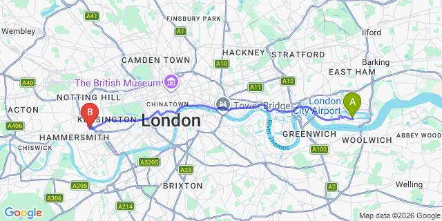 Map: London City Airport (LCY) to London W14