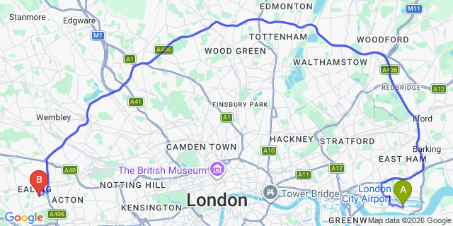 Map: London City Airport (LCY) to London W5