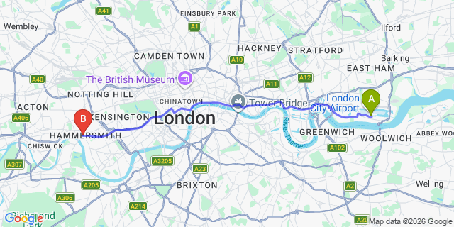 Map: London City Airport (LCY) to London W6