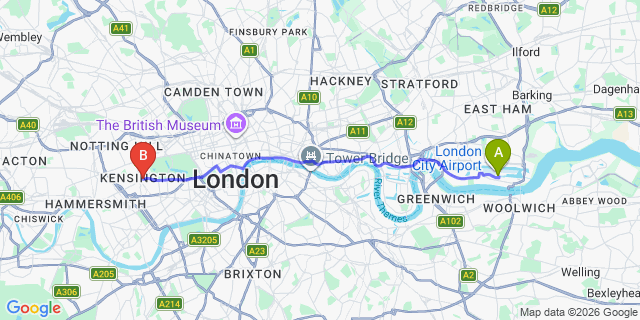 Map: London City Airport (LCY) to London W8