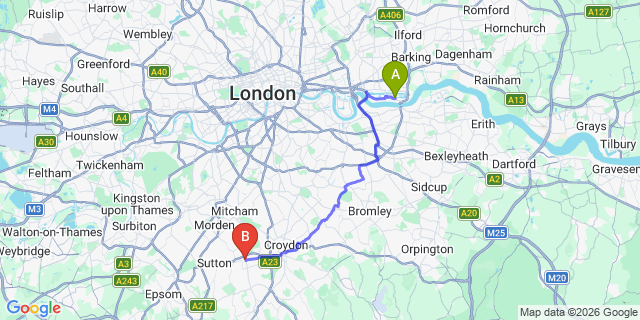 Map: London City Airport (LCY) to London - Wallington
