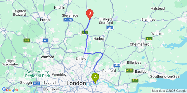 Map: London City Airport (LCY) to London - Waltham Abbey