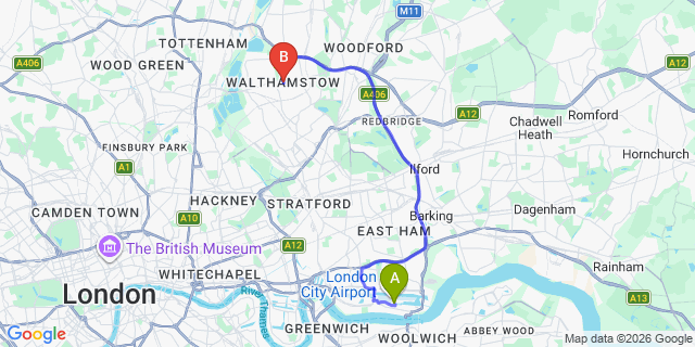 Map: London City Airport (LCY) to London - Walthamstow