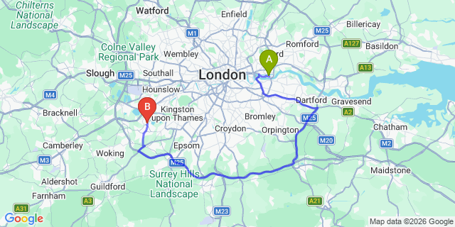 Map: London City Airport (LCY) to London - Watton-on-Thames
