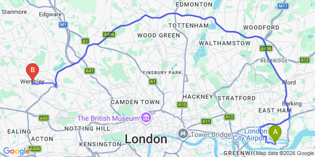 Map: London City Airport (LCY) to London - Wembley