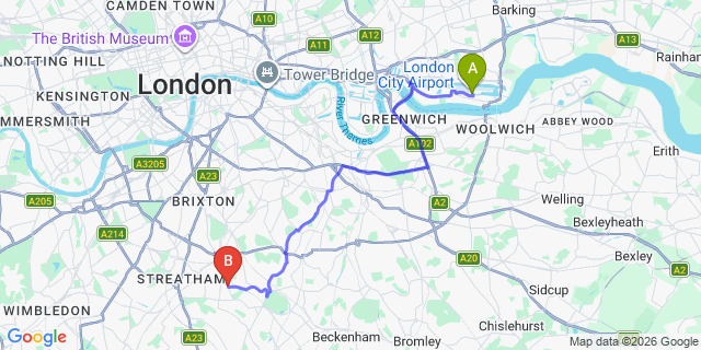 Map: London City Airport (LCY) to London - West Norwood