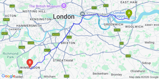 Map: London City Airport (LCY) to London - Wimbledon