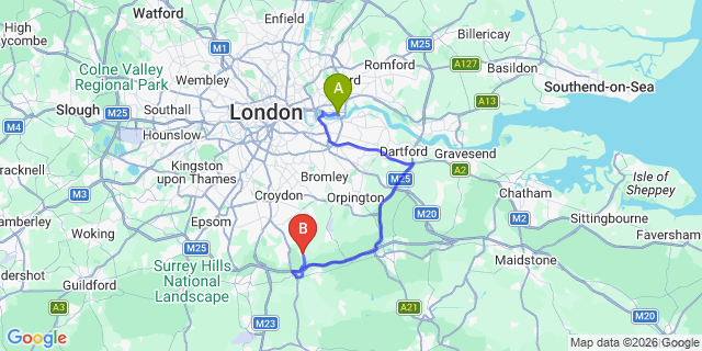 Map: London City Airport (LCY) to London - Woldingham