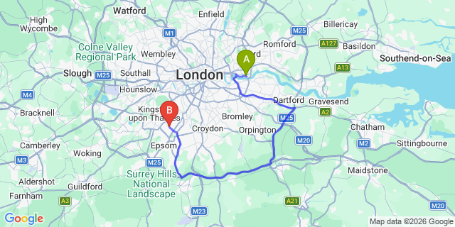 Map: London City Airport (LCY) to London - Worcester Park