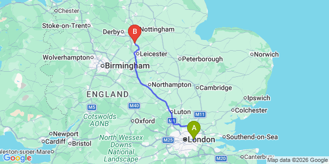 Map: London City Airport (LCY) to Longhborough