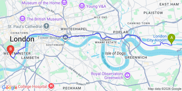 Map: London City Airport (LCY) to London SW1