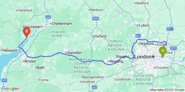 Map: London City Airport (LCY) to Lydney