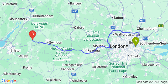 Map: London City Airport (LCY) to Malmesbury
