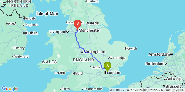 Map: London City Airport (LCY) to Manchester