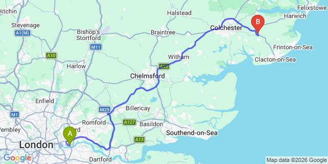Map: London City Airport (LCY) to Manningtree