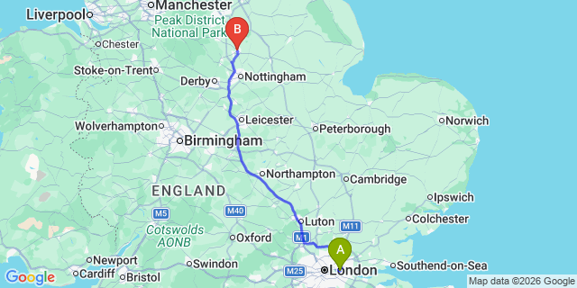 Map: London City Airport (LCY) to Mansfield