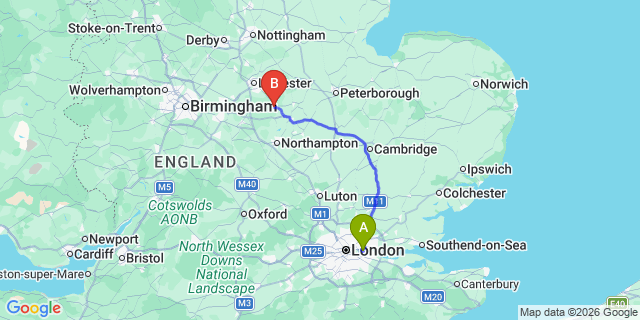 Map: London City Airport (LCY) to Market Harborough