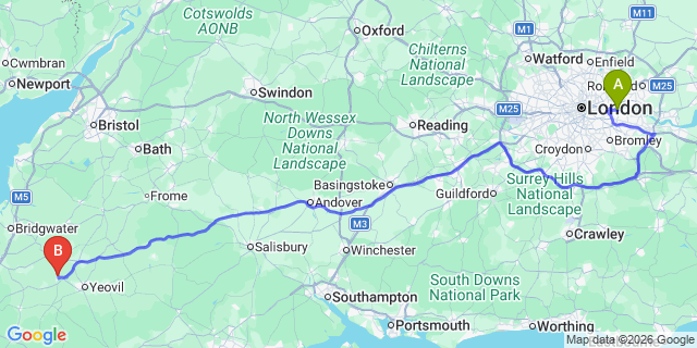 Map: London City Airport (LCY) to Martock