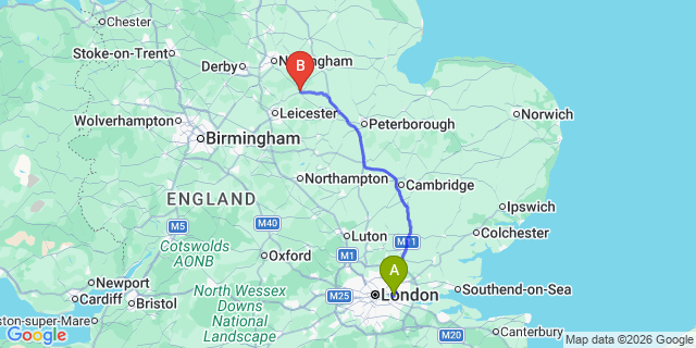 Map: London City Airport (LCY) to Melton Mowbray