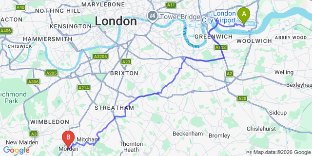 Map: London City Airport (LCY) to Merton