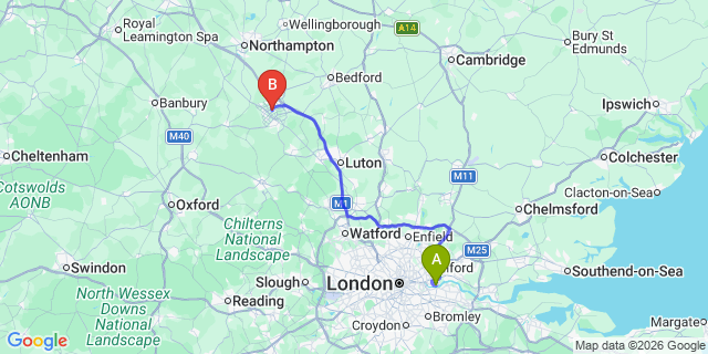 Map: London City Airport (LCY) to Milton Keynes