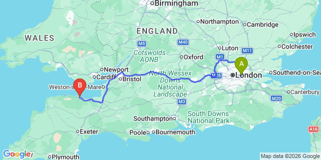 Map: London City Airport (LCY) to Minehead