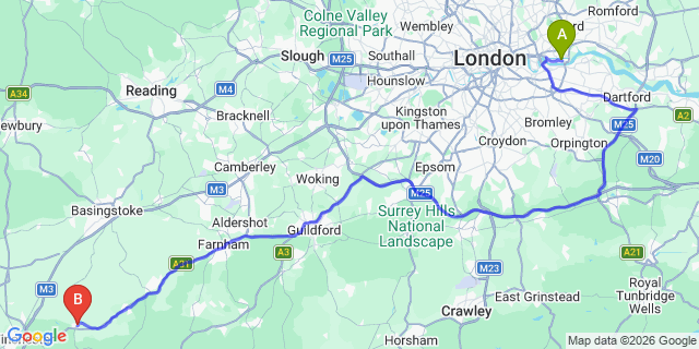 Map: London City Airport (LCY) to New Alresford