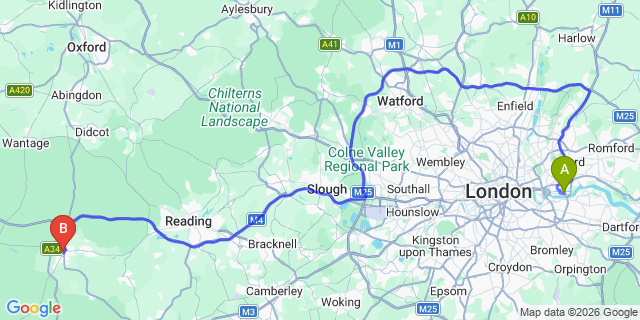 Map: London City Airport (LCY) to Newbury
