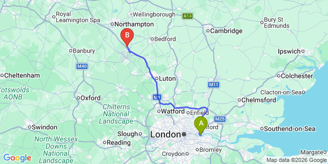 Map: London City Airport (LCY) to Newport Pagnell