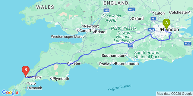 Map: London City Airport (LCY) to Newquay
