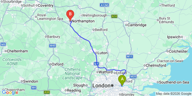 Map: London City Airport (LCY) to Northampton